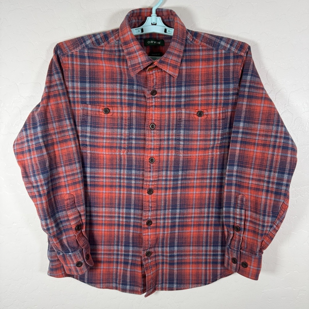 Orvis Shirt Mens Large Orange Blue Perfect Flannel Button Up Outdoor Plaid